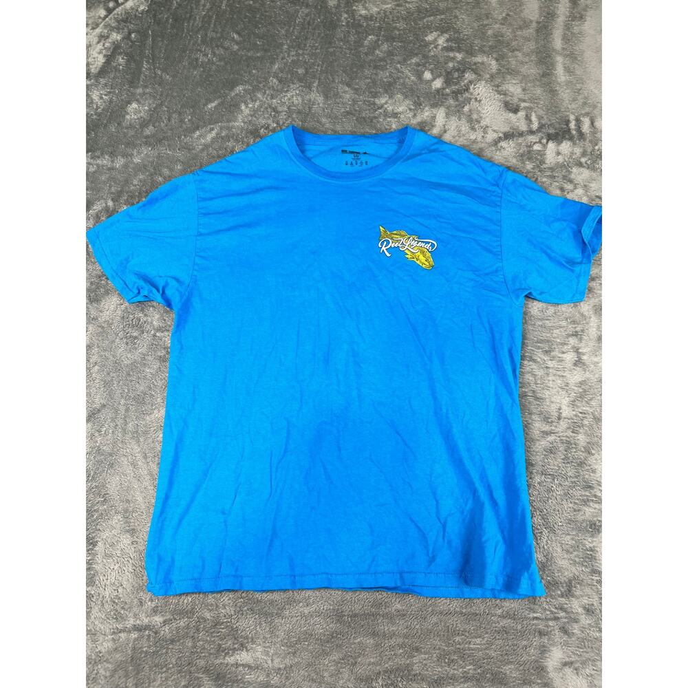 Men's Reel Legends Blue T-Shirt Yellow Fish Logo Performance Crew Neck L Exc